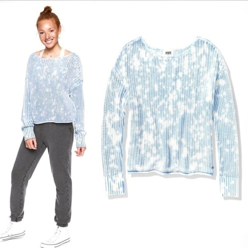 PINK Victoria’s Secret Blue White Marled Knit Boatneck Sweater Size Medium